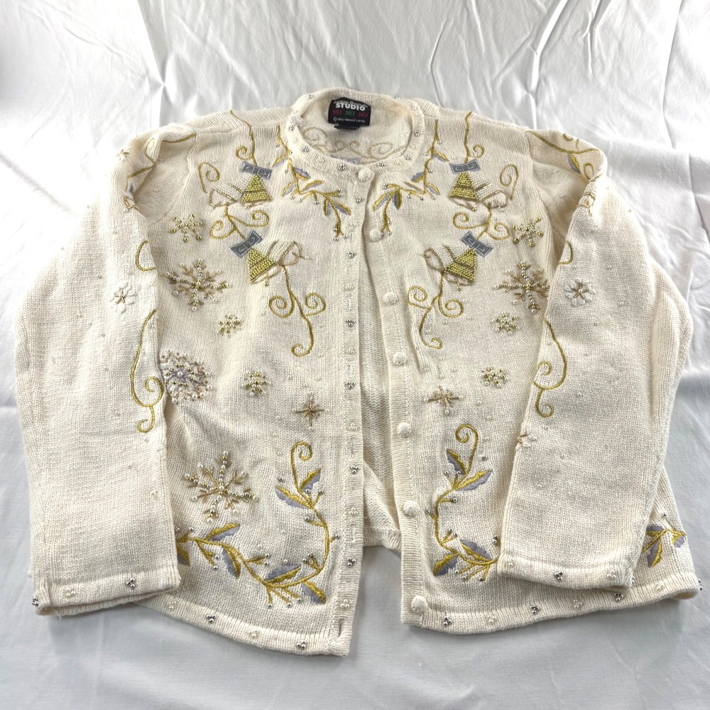 Designers Originals Studio Vintage Christmas Cardigan Beaded Snowflake Cream M
